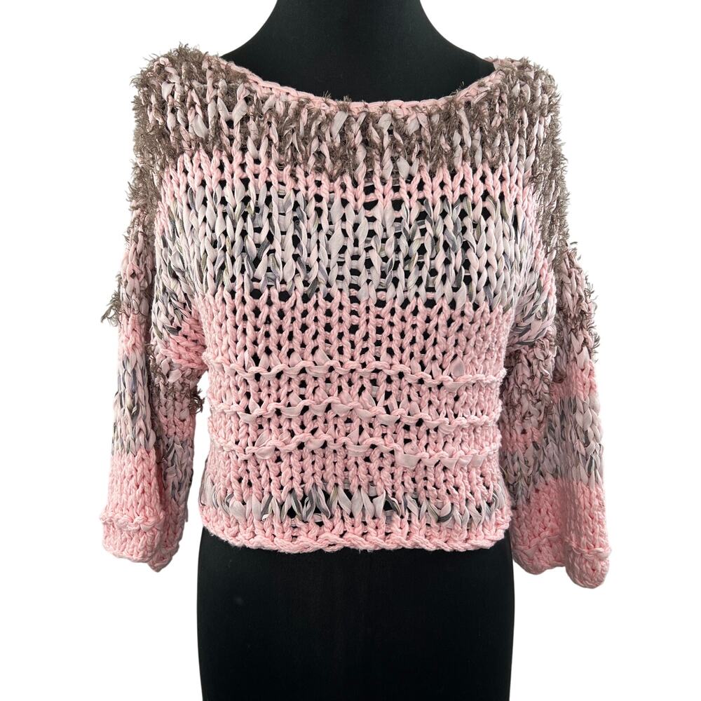 Hand Knit Dollie Pink Brown Chunky Crochet Fuzzy Knit Pullover Crop Sweater XS
